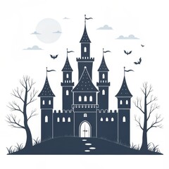 Obraz premium A dark blue castle silhouette with bats flying around it under a full moon and bare trees nearby