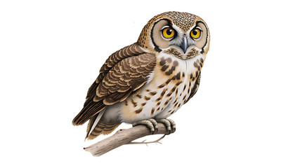 Obraz premium Detailed illustration of a Short-Eared Owl perched on a branch. Realistic bird of prey drawing with yellow eyes, isolated on a white background for educational or nature concepts.