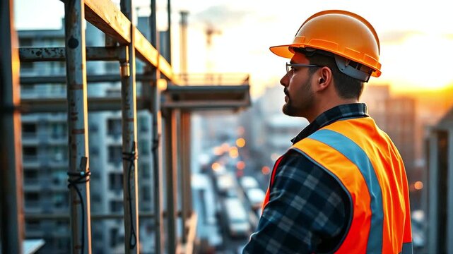 Male construction worker in glasses and hard hat standing against background of open construction site at sunset. The builder is concerned about his safety at work