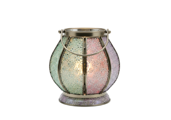 A decorative, antique-style lantern, featuring a pastel teal and rose-pink design, sits beautifully against a black backdrop, highlighting the intricate glass-like patterns and metallic accents.