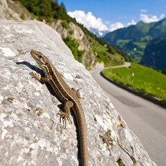 Obraz premium Lizard on mountain rock overlooking road