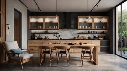 Fototapeta premium Stylish modern kitchen featuring a wooden dining table and sleek cabinetry.