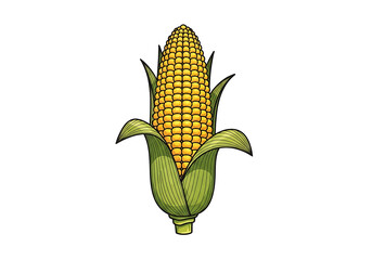 Obraz premium A vibrant illustration of a corn cob, displaying detailed kernels and leaves against a stark black backdrop.