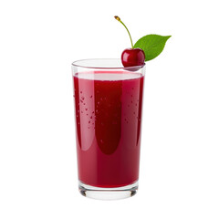 Tall glass of fresh cherry juice with a cherry and leaf garnish isolated on transparent background