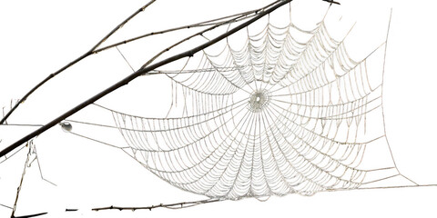Obraz premium Intricate spiderweb with dewdrops hanging between branches isolated on transparent background