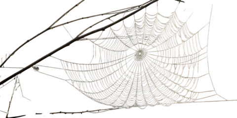 Intricate spiderweb with dewdrops hanging between branches isolated on transparent background