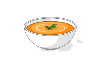 A simple illustration of a bowl of orange soup with a sprig of herbs.