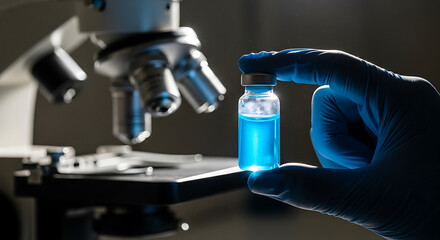 Hand in a blue glove holding a glowing blue liquid vial next to a microscope in a dimly lit lab