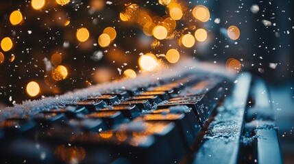 Festive keyboard decorated with snowflakes and vibrant holiday lights for seasonal cheer