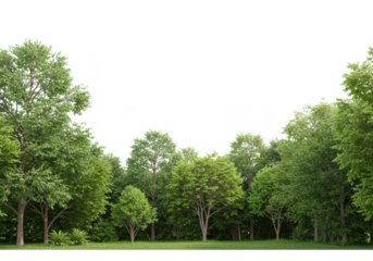 Lush green forest canopy with a clear sky above isolated on transparent background