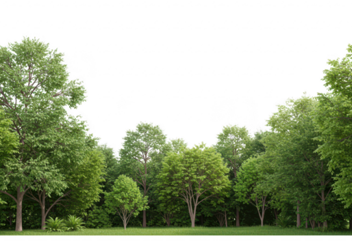 Lush green forest canopy with a clear sky above isolated on transparent background