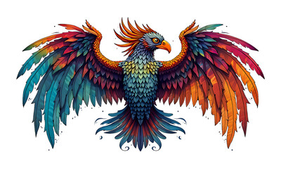 Fototapeta premium Vibrant phoenix rises with colorful wings spread wide in majestic flight isolated on transparent background