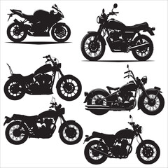 Obraz premium Collection of Six Classic Motorcycle Silhouettes: Black and White Vector Graphics for Design Projects.
