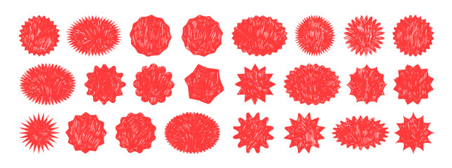 Red starburst promo sticker and badges. Crayon drawn wiggle and scallop edges circle and ovals. Discount promo stamps, price tags. Simple empty round stickers for discount advertising campaign