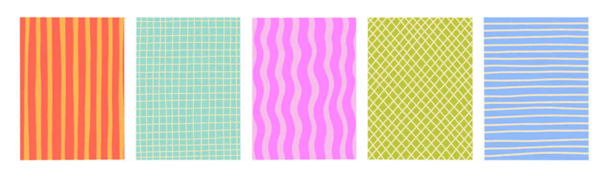 Funky doodle pattern collection. Cute retro y2k backgrounds with simple minimal lines. Abstract designs with wavy lines, grids, decorative aesthetic card or notebook templates.
