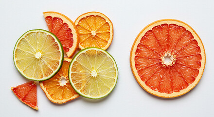 Obraz premium Dehydrated citrus fruit slices with vibrant colors on clean white background studio shot