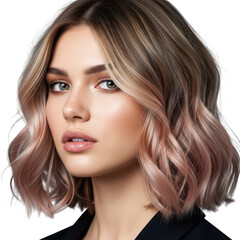 Naklejka premium Blonde bob haircut with subtle pink highlights and wavy texture transparent background