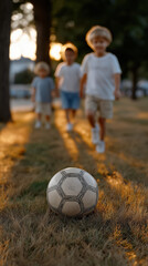 Close-Up of a Soccer Ball on the Grass with Sunlight and Long Shadows, Ready for Play