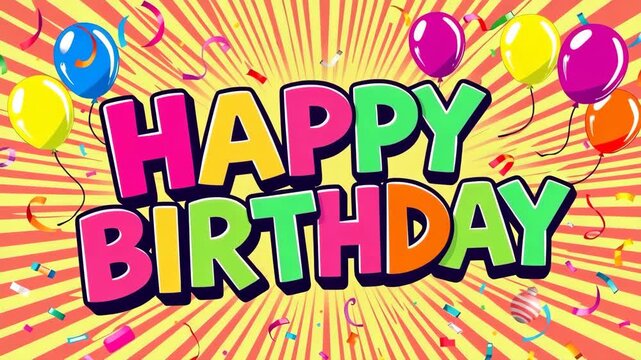 Happy birthday bright text with colorful balloons. Animated banner, greeting card in cartoon vector style, kids party, birthday celebration