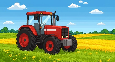 Fototapeta premium Pixel art of a tractor in a brightly lit countryside setting