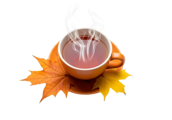 An autumnal cup of steaming tea rests beside vibrant fall leaves against a dark backdrop, exuding a cozy and inviting atmosphere.
