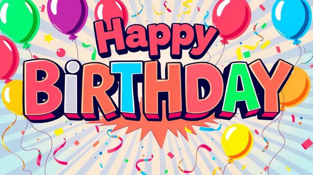 Happy birthday bright text with colorful balloons. Animated banner, greeting card in cartoon vector style, kids party, birthday celebration