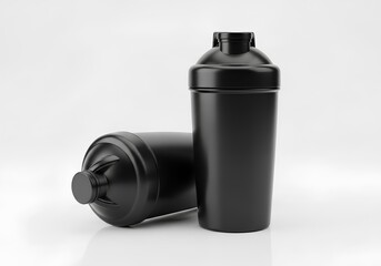 Two Black Protein Shaker Bottles Mockup on White Background