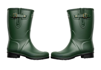 Two matching dark-green rubber rain boots stand out against a black background, featuring a sleek design and practical details.