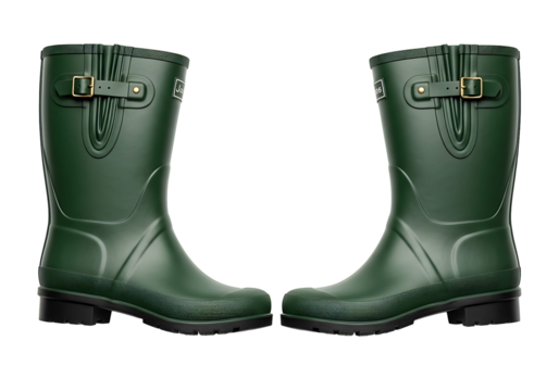 Two matching dark-green rubber rain boots stand out against a black background, featuring a sleek design and practical details.