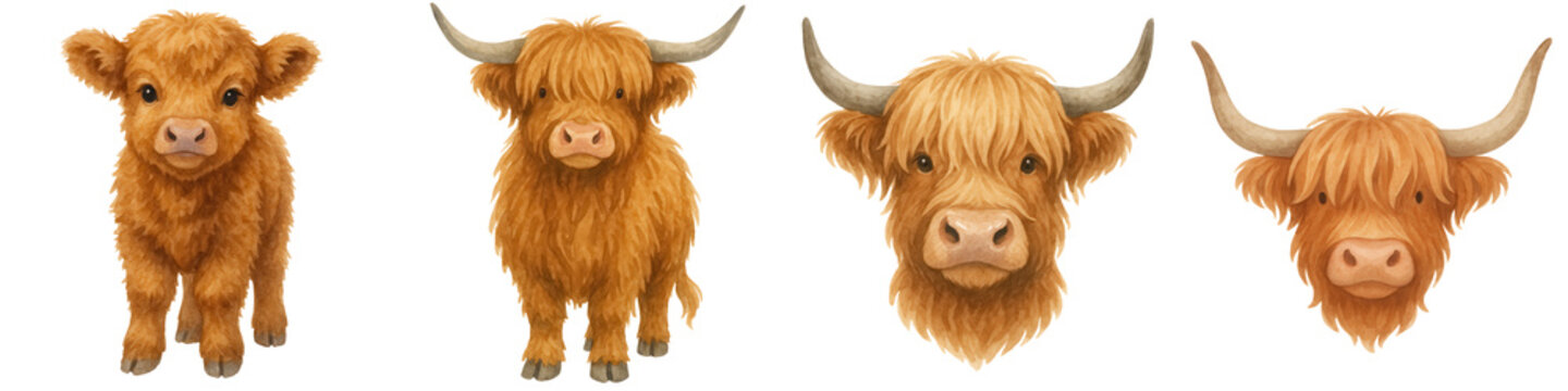 Highland cattle watercolor clipart set with st. andrew day theme featuring detailed animal faces and full body views in warm brown tones