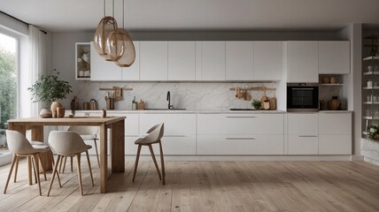 Modern white kitchen featuring minimalist design with wooden accents and natural lighting.
