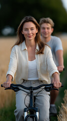Naklejka premium Woman Smiling While Riding a Bike on a Country Path, Surrounded by Lush Greenery and Evening Light