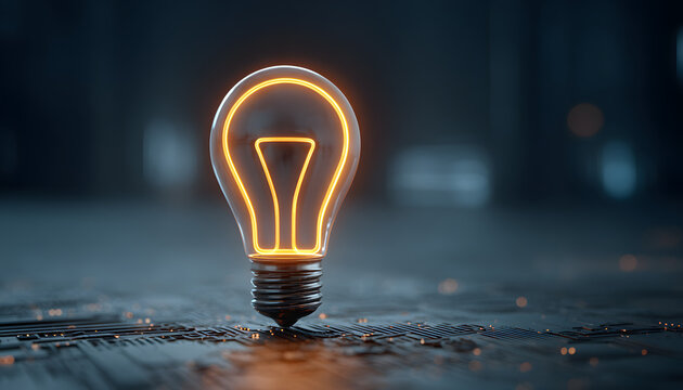 Abstract glowing light bulb on dark blue tech backgrund with neon frame style.Innovation, idea generatio, solution searching concet. Great for tech companie presentation, business, sience