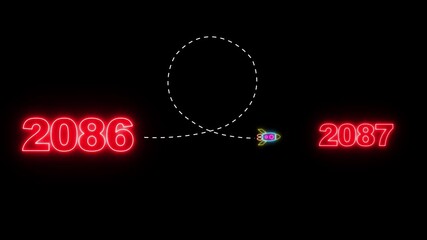 Upcoming new year 2086 to 2087 with a flying rocket on black background. Symbolizes future progress new year goals business plans. 2086 to 2087 with a looping dotted rocket on a black background.