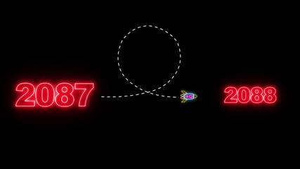 Upcoming new year 2087 to 2088 with a flying rocket on black background. Symbolizes future progress new year goals business plans. 2087 to 2088 with a looping dotted rocket on a black background.