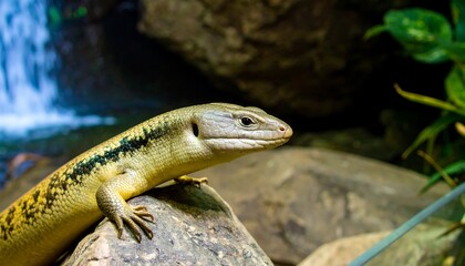 Obraz premium Lizard on rock, waterfall background