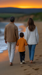 Father and Son Walking Hand-in-Hand on the Beach at Sunset, Surrounded by Warm Ocean Light