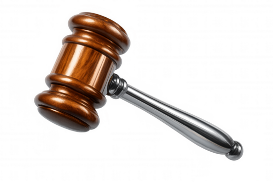 Legal wooden hammer striking soundblock, symbolizing judicial ruling, against clear backdrop