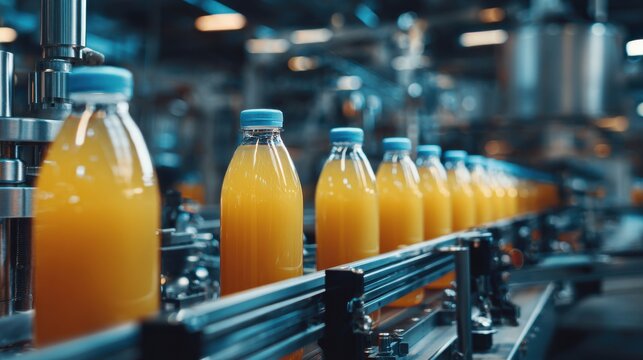 Elegant photo of conveyor belt, juice in bottles on beverage plant or factory interior in blue color, industrial production line.