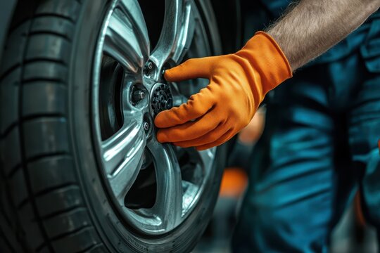 Skilled Technician Wearing Orange Mechanic Gloves Assembles Wheel on Vehicle