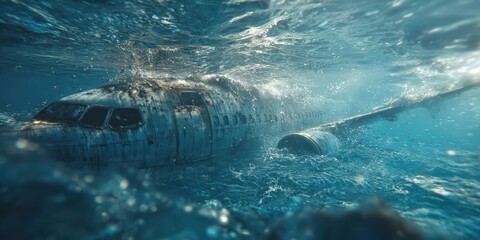 Naklejka premium Surreal Underwater Scene of Airplane Sinking into Clear Blue Ocean