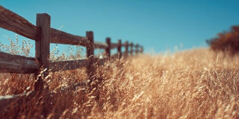 Tan Wooden Fence in Dry Grass Field Under Bright Sunny Sky