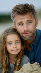 Fototapeta premium Father and daughter close portrait sitting near sand pile by seaside