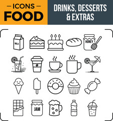 Colorful drinks desserts and extra food items illustration