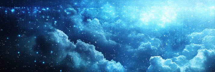Serene Cloudscape: A Composite of Tranquil Blue Data Against a Dramatic Matrix Background