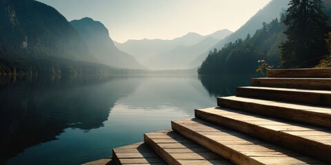 Tranquil Lake Scene with Wooden Steps and Misty Mountain Backdrop