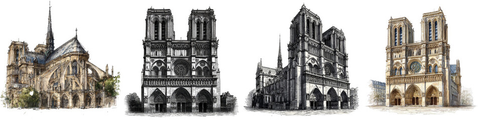 gothic cathedral facade detailed architectural illustration on transparent background