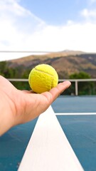 Tennis ball held in hand on court