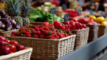 Fruit market with baskets full of strawberries and pineapples outdoor grocery background