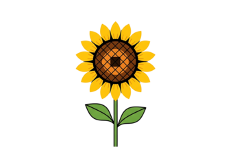 A vibrant sunflower design, featuring yellow petals and a dark brown center with a grid pattern, stands out against a black background.